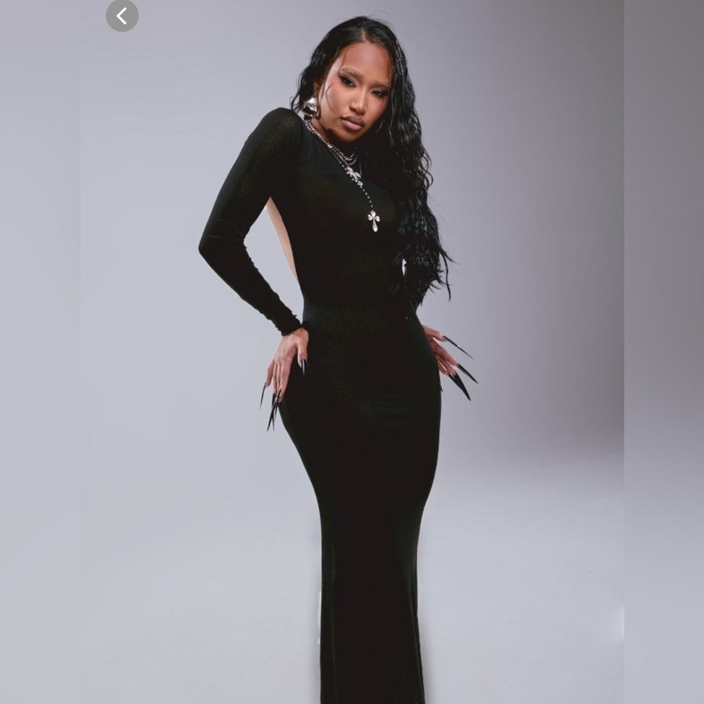 Black sheer mesh long sleeve open back maxi dresss